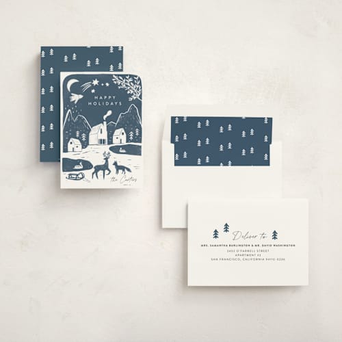 This is a night non photo holiday cards with standard by Maja Cunningham called winter linocut printing on signature in standard