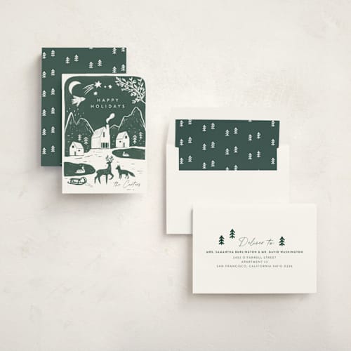 This is a forest non photo holiday cards with standard by Maja Cunningham called winter linocut printing on signature in standard