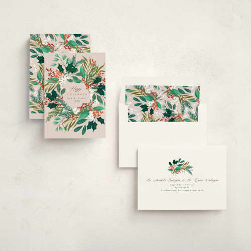 This is a buttercream non photo holiday cards with standard by Alethea and Ruth called foliage wreath printing on signature in standard