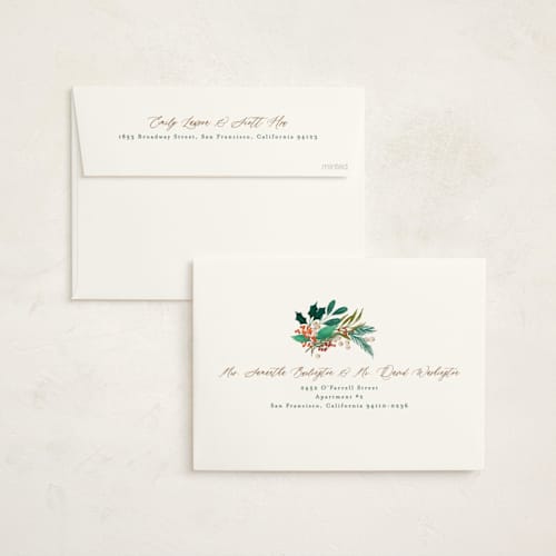 This is a buttercream non photo holiday cards with standard by Alethea and Ruth called foliage wreath printing on signature in standard
