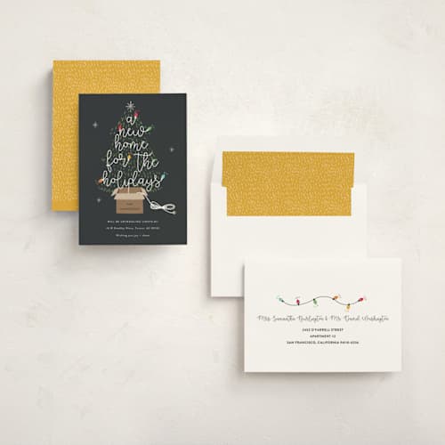 This is a charcoal non photo holiday cards with standard by Corinne Malesic called twinkling new home printing on signature in standard