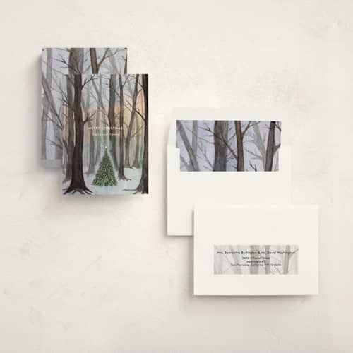 This is a sunset non photo holiday cards with standard by Karina Racz called silent night woods printing on signature in standard