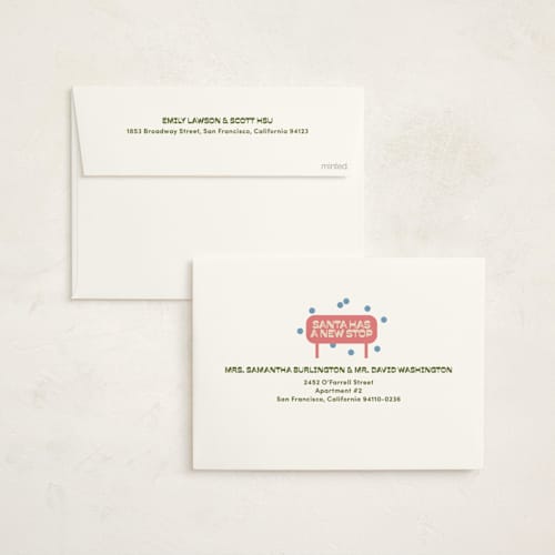 This is a olive non photo holiday cards with standard by Inkblot Design called santa stop printing on signature in standard
