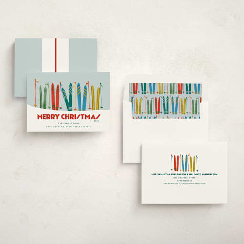 This is a sky non photo holiday cards with standard by Erika Firm called ski patrol printing on signature in standard