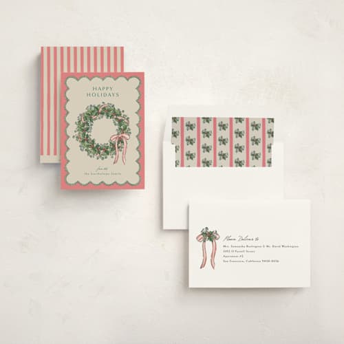This is a coral non photo holiday cards with standard by Chris Griffith called holiday etching printing on signature in standard