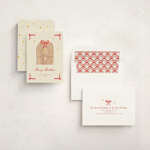 This is a scarlet non photo holiday cards with standard by Sarah Rosenthal called warm gingerbread printing on signature in standard