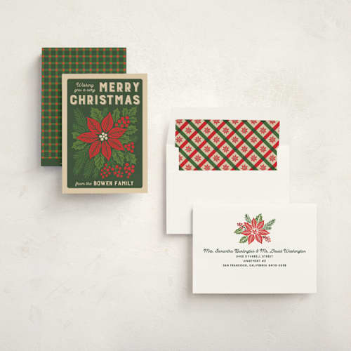 This is a evergreen non photo holiday cards with standard by 2birdstone called poinsettia seeds printing on signature in standard