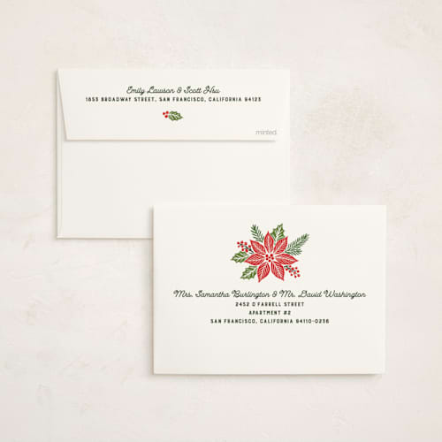 This is a evergreen non photo holiday cards with standard by 2birdstone called poinsettia seeds printing on signature in standard