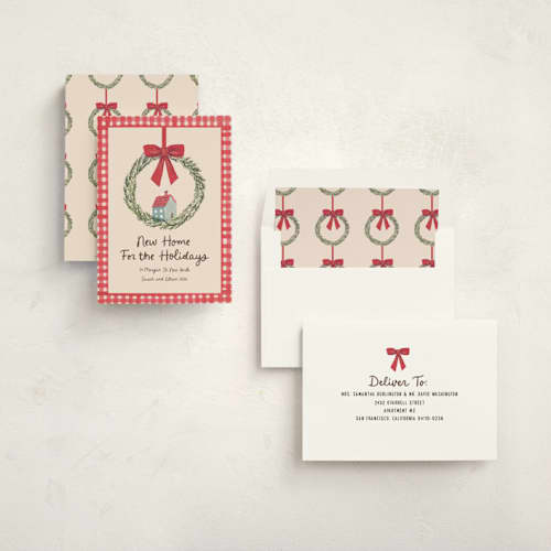 This is a berry non photo holiday cards with standard by Teju Reval called new home wreath printing on signature in standard