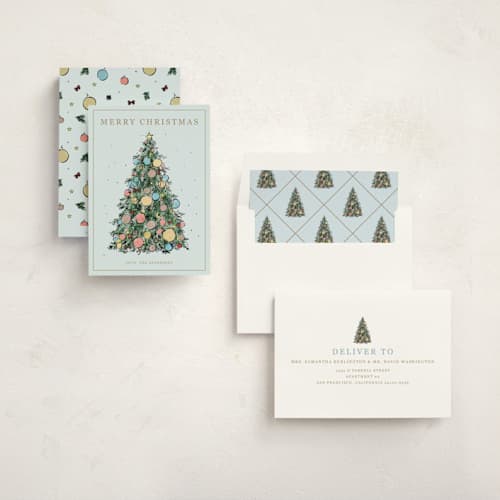 This is a frosted blue non photo holiday cards with standard by Cass Loh called ornament tree printing on signature in standard
