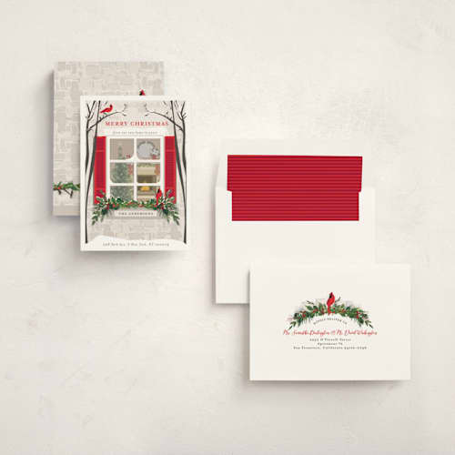 This is a crimson non photo holiday cards with standard by Susan Moyal called holiday window printing on signature in standard