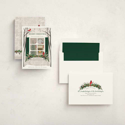 This is a pine non photo holiday cards with standard by Susan Moyal called holiday window printing on signature in standard