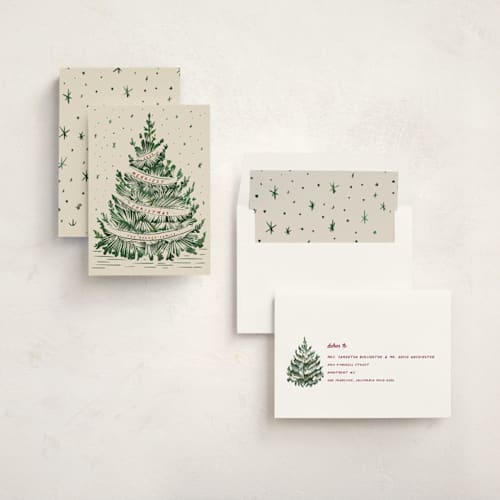 This is a cranberry non photo holiday cards with standard by Paula Pecevich called woodcut christmas printing on signature in standard