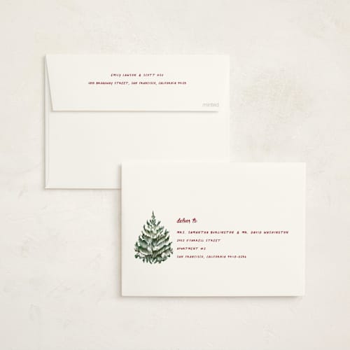 This is a cranberry non photo holiday cards with standard by Paula Pecevich called woodcut christmas printing on signature in standard