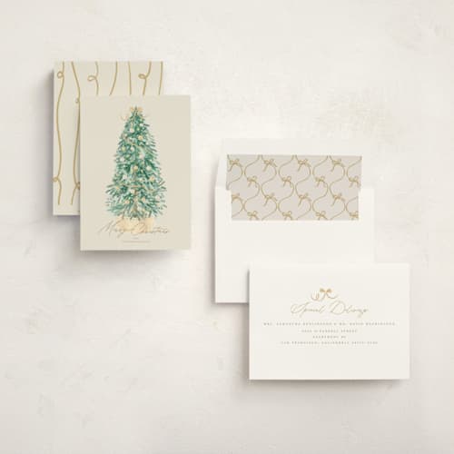 This is a golden non photo holiday cards with standard by Tamara Hilje called farmhouse tree printing on signature in standard