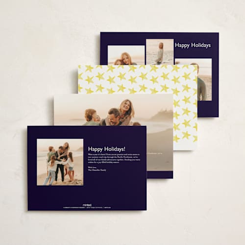 This is a navy non photo holiday cards with standard by Erin Deegan called simple tree printing on signature in standard