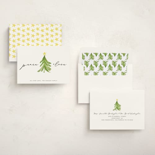 This is a pine non photo holiday cards with standard by Erin Deegan called simple tree printing on signature in standard