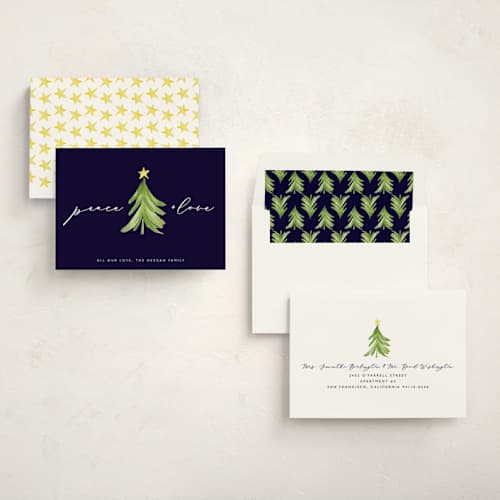 This is a navy non photo holiday cards with standard by Erin Deegan called simple tree printing on signature in standard