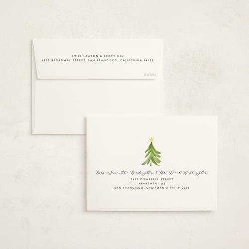 This is a navy non photo holiday cards with standard by Erin Deegan called simple tree printing on signature in standard