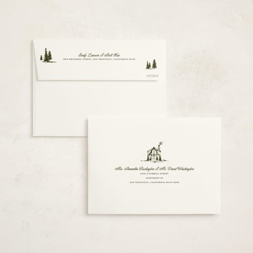 This is a pine non photo holiday cards with standard by Jen Ramsey called christmas cabin printing on signature in standard
