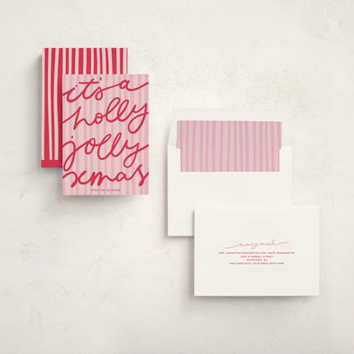 This is a candy cane non photo holiday cards with standard by Abbigail Lim called holly jolly xmas printing on signature in standard