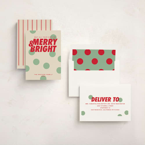 This is a elf shoes non photo holiday cards with standard by Creo Study called christmas polka printing on signature in standard