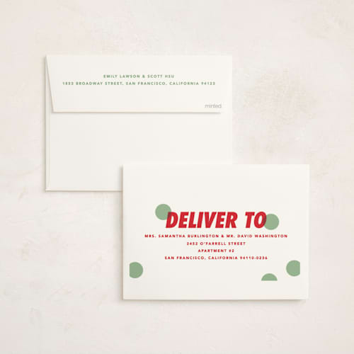 This is a elf shoes non photo holiday cards with standard by Creo Study called christmas polka printing on signature in standard