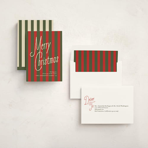 This is a stocking non photo holiday cards with standard by Creo Study called vintage script printing on signature in standard
