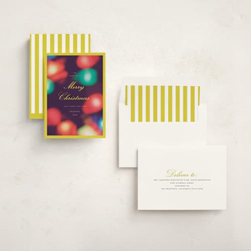 This is a lemon non photo holiday cards with standard by Morgan Kendall called retro bokeh lights printing on signature in standard