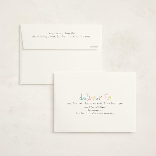 This is a blush non photo holiday cards with standard by Morgan Kendall called playful letters printing on signature in standard