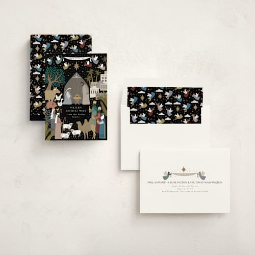 This is a midnight non photo holiday cards with standard by Alethea and Ruth called god with us nativity printing on signature in standard