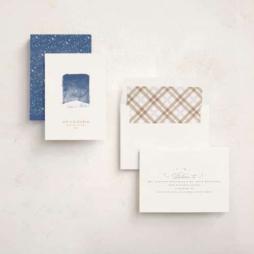 This is a linen non photo holiday cards with standard by Robert and Stella called tiny nativity printing on signature in standard