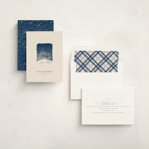 This is a cream non photo holiday cards with standard by Robert and Stella called tiny nativity printing on signature in standard