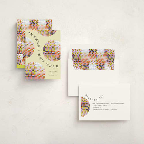 This is a sun non photo holiday cards with standard by Pixel and Hank called new year disco printing on signature in standard
