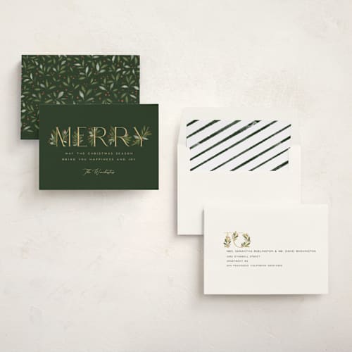 This is a pine non photo holiday cards with standard by Paula Pecevich called botanical merry printing on signature in standard