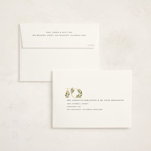 This is a pine non photo holiday cards with standard by Paula Pecevich called botanical merry printing on signature in standard