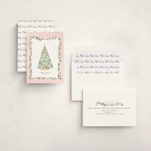 This is a blush non photo holiday cards with standard by Itsy Belle Studio called vintage bow tree printing on signature in standard