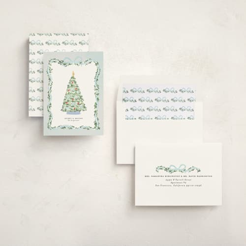This is a frosty non photo holiday cards with standard by Itsy Belle Studio called vintage bow tree printing on signature in standard
