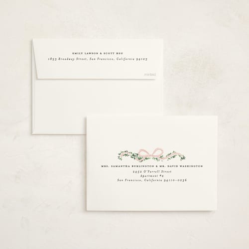 This is a blush non photo holiday cards with standard by Itsy Belle Studio called vintage bow tree printing on signature in standard