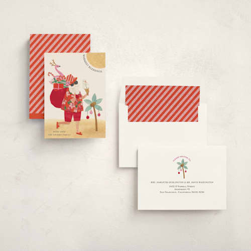 This is a hibiscus non photo holiday cards with standard by Sarah Knight called beach santa printing on signature in standard