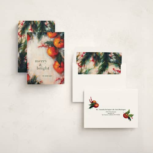 This is a clementine non photo holiday cards with standard by Wendy Keller called oranges printing on signature in standard