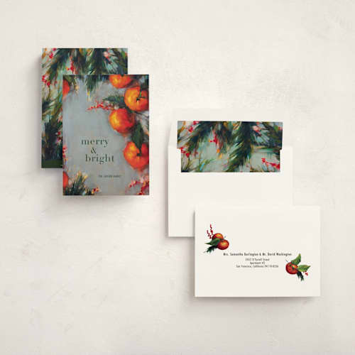 This is a blue spruce non photo holiday cards with standard by Wendy Keller called oranges printing on signature in standard