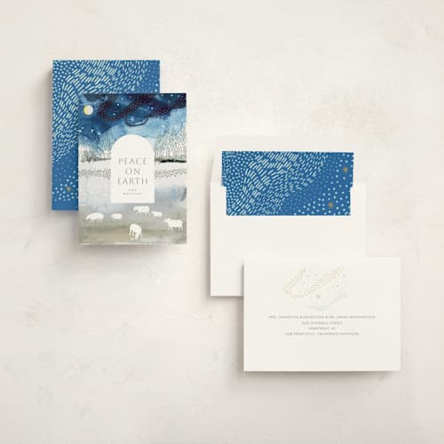 This is a indigo non photo holiday cards with standard by Eve Schultz called winter pastoral printing on signature in standard