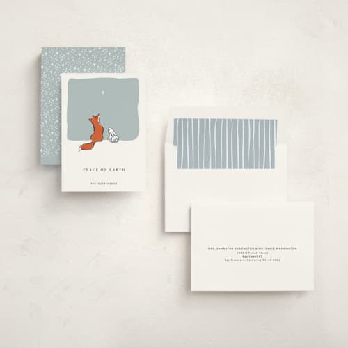 This is a frost non photo holiday cards with standard by Diane Pearse called peace on earth fox and rabbit printing on signature in standard