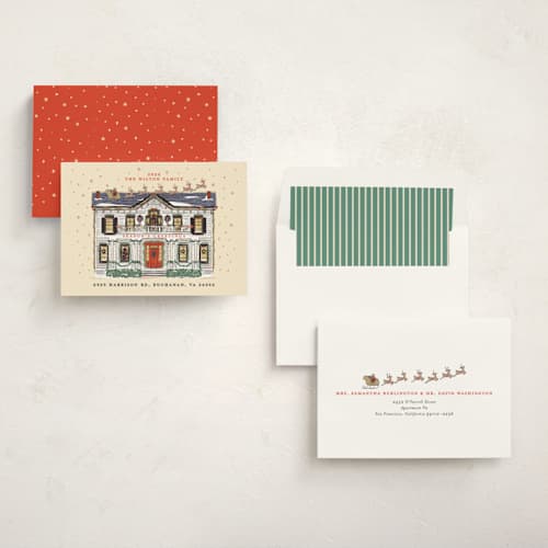 This is a santa non photo holiday cards with standard by Becky Nimoy called colonial home printing on signature in standard