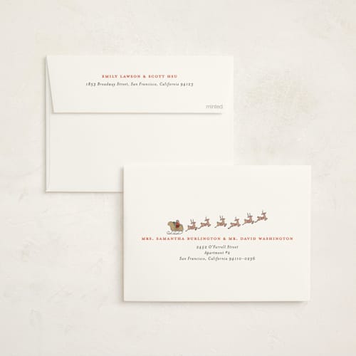 This is a santa non photo holiday cards with standard by Becky Nimoy called colonial home printing on signature in standard