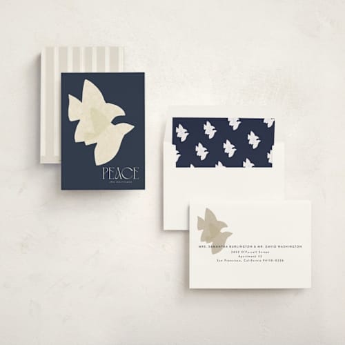 This is a midnight non photo holiday cards with standard by Tamara Hilje called doves printing on signature in standard