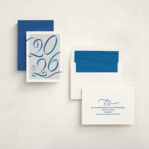 This is a pool non photo holiday cards with standard by Lea Delaveris called ribbon year printing on signature in standard