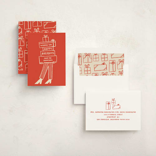 This is a stocking non photo holiday cards with standard by Studio Suku called presents printing on signature in standard
