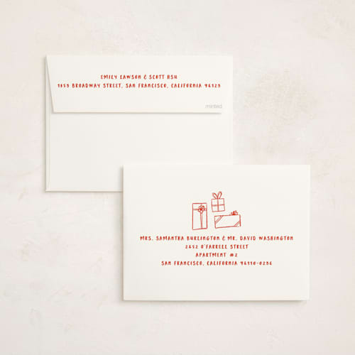 This is a stocking non photo holiday cards with standard by Studio Suku called presents printing on signature in standard